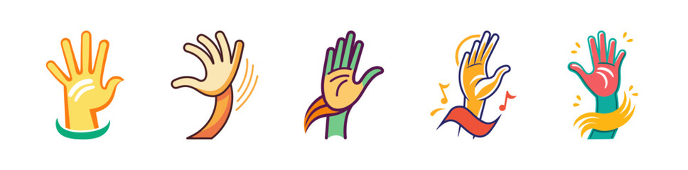 Fototapeta premium Illustrated hands showing different actions, vibrant graphic design.