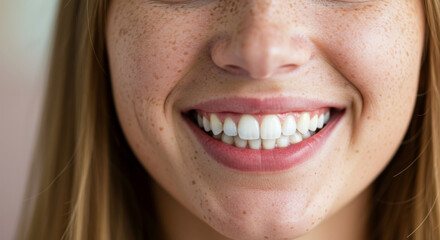 Fototapeta premium Close-up of a woman's happy face with freckles showing a wide white smile. Dental health and beauty concept for dentistry advertising.