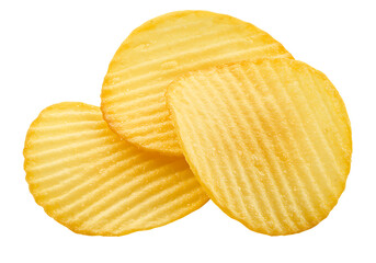 Golden and crispy potato chips are stacked against a dark isolated background.