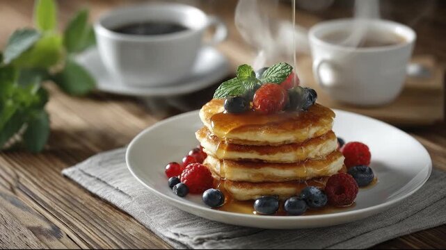 A stack of fluffy pancakes on a white plate garnished with fresh berries and mint with golden syrup being poured over the top Two cups of hot coffee sit in the background on a wooden table