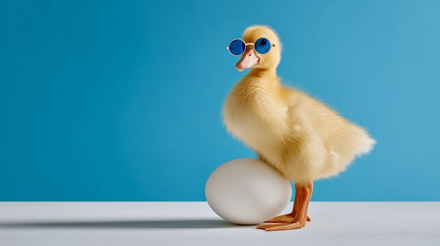 Baby duck wearing sunglasses stands on top of an egg. The image conveys a playful and lighthearted mood, as the duck is dressed up in sunglasses and he is posing for a photo