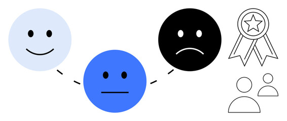 Happy, neutral, and sad faces connected by lines next to award ribbons and person icons. Ideal for feedback, mental health, team morale, self-improvement, performance, evaluation simple flat