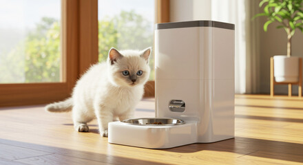 White kitten with blue eyes and an automatic pet food dispenser on a wooden floor on a sunny day. Smart home pet care technology for convenience.