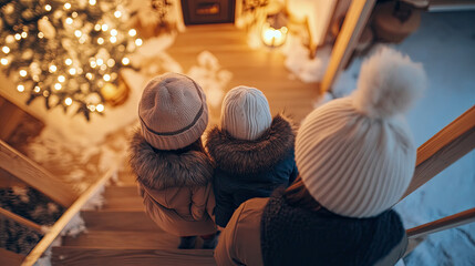 Three individuals in warm winter attire descending cozy wooden staircase, overlooking glowing Christmas tree and snowy landscape, embodying festive winter family moments