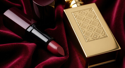 Luxury lipstick in burgundy shade presented with a gold rectangular box on a red velvet background, conveying elegance and beauty.