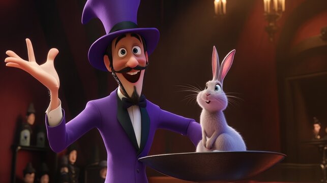 Animated magician entertaining rabbit
