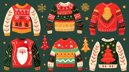 National Ugly Christmas Sweater Day:Cheerful illustrated design featuring collection of ugly Christmas sweaters with bold graphic patterns, Santa faces, Christmas trees, fair isle knit designs