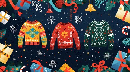 National Ugly Christmas Sweater Day:Playful illustrated composition of multiple ugly Christmas sweaters floating in festive space, surrounded by holiday icons, jingle bells, ribbons, holly leaves
