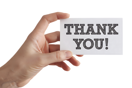 A hand gently holds a small white card displaying the words thank you.