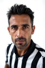 Fototapeta premium Man in black-white striped shirt, intense gaze, styled hair and beard, studio lighting against plain white background.