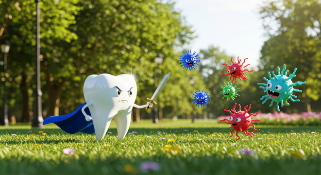 Tooth with a blue cape and sword fighting a group of colorful cartoon virus or bacteria in a park. Oral health and dental care concept, children's dentistry.