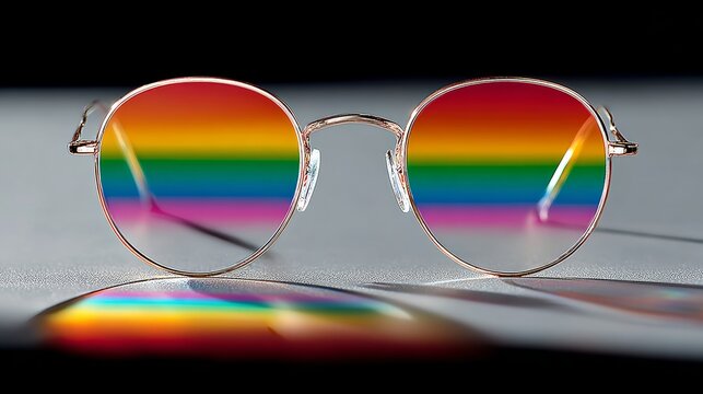 Pair of gold colored glasses with rainbow colored lenses. The glasses are sitting on a table. The glasses are a symbol of the rainbow pride movement