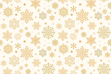Gold elegant snowflakes seamless pattern on white background. Flat golden festive snowflakes pattern for textile, wrapping paper