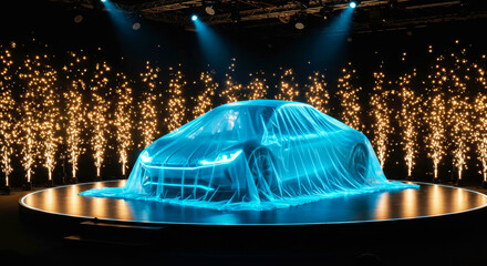 New car under blue sheet on stage with fireworks. Grand reveal of vehicle at exhibition. Product launch with pyrotechnic effect.
