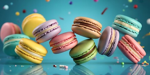 Assorted colorful macarons falling and scattered on a bright blue background with confetti french macarons