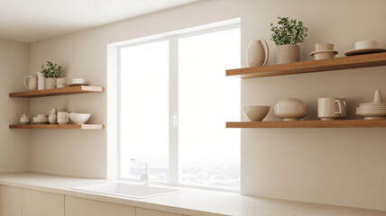 Serene minimalist kitchen interior with warm wooden shelves and modern tableware creating a cozy, inviting atmosphere