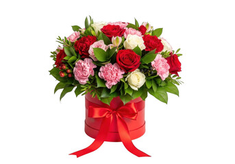 Floral Arrangement Blooming Roses Carnations Bouquet Red Box Ribbon Transparent