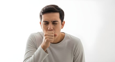Man Coughing or Sneezing, Covering Mouth with Hand