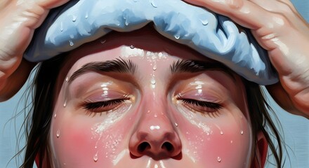 Illustration of a Woman Cooling Down with a Cold Compress on Her Forehead