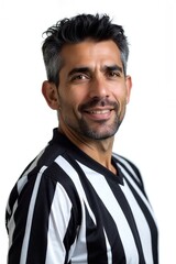 Man in black-white striped shirt, intense gaze, styled hair and beard, studio lighting against plain white background.
