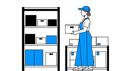 Efficient warehouse worker organizing inventory with boxes on shelves