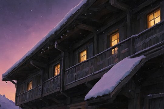 A cozy alpine cabin glows warmly under a full moon, nestled among dark pine trees on a misty mountain slope at twilight. The soft light from its windows contrasts with the cool purple and gray hues of