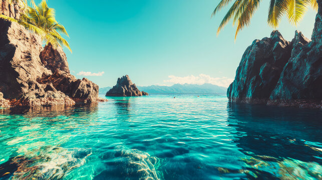 Breathtaking tropical cove with crystal-clear turquoise waters, rugged rock formations, lush palm trees, and distant majestic mountains under pristine blue sky, inviting serene swimming and exploratio