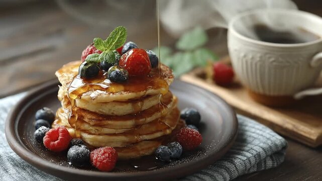 A stack of golden-brown pancakes drizzled with syrup topped with fresh berries and mint with a steaming mug of coffee in the background