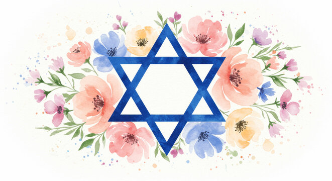 Blue star of David with a watercolor floral design. Jewish symbol of faith and identity for a religious holiday greeting card.