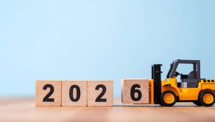 Planning for a prosperous 2026 with a toy forklift moving the year forward, signaling growth and new beginnings in the coming years