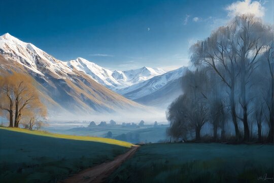 Sunlit countryside path winds through frosty fields, bare trees stand beside a white cottage under clear blue sky.