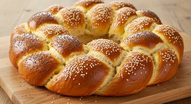 Round challah bread with sesame and poppy seeds on a cutting board, baked for Jewish holidays. Traditional homemade pastry. - Powered by Adobe