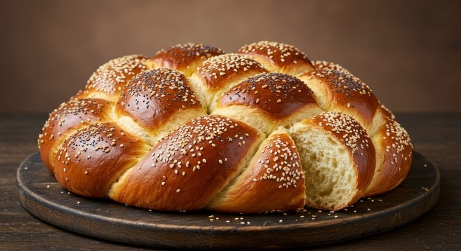 Freshly baked braided challah bread with sesame seeds and poppy seeds on a dark wooden board. Homemade traditional bakery item for Shabbat