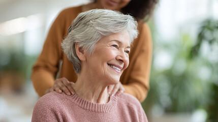Loving care a senior woman smiles serenely as a gentle hand rests on her shoulders. Portrays support, family, compassion, and intergenerational bonds.