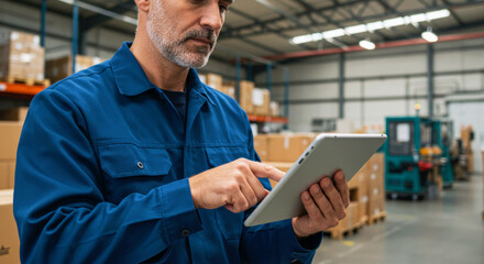Man worker with tablet in warehouse, using digital technology for inventory management and logistics, supply chain and modern distribution concept.