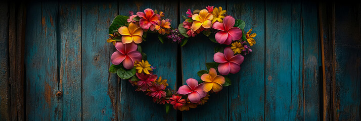 Obraz premium Romantic heart-shaped floral wreath crafted with vibrant pink, yellow, and orange tropical plumeria flowers and diverse blossoms, set against rustic, distressed teal wooden background