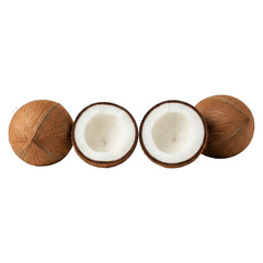 Four Coconuts Tropical Fruit Whole and Halved Isolated on Transparent Background
