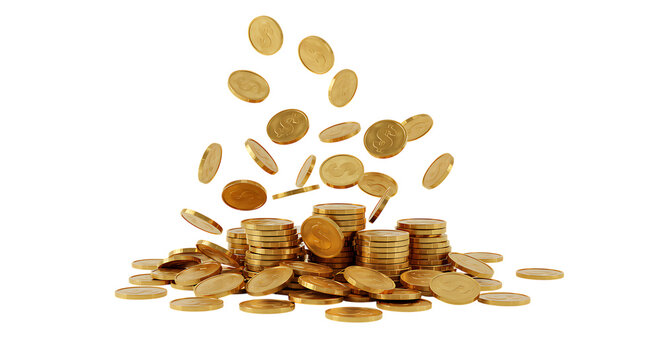 Golden coins falling and accumulating into a growing pile on a dark background.