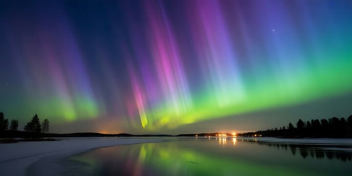 Vibrant aurora borealis lights up the night sky over a frozen lake and silhouetted trees northern lights