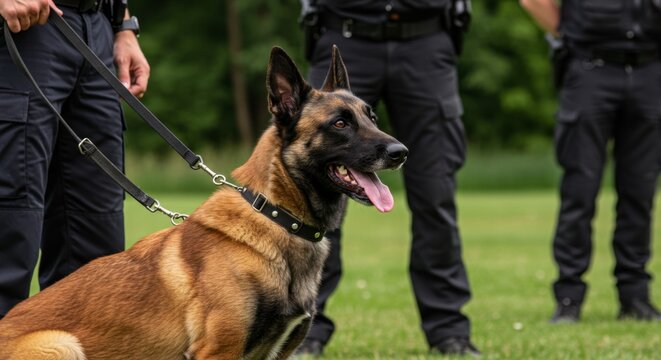 Belgian malinois working dog sitting calmly on a leash outdoors with male police officer handlers in background, training for law enforcement or security.