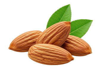 Four Almonds and Leaves Isolated on Transparent Background