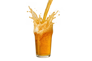 Beer pouring into a glass creating an energetic splash, refreshing foamy golden lager on transparent background