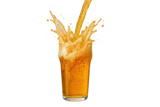 Beer pouring into a glass creating an energetic splash, refreshing foamy golden lager on transparent background