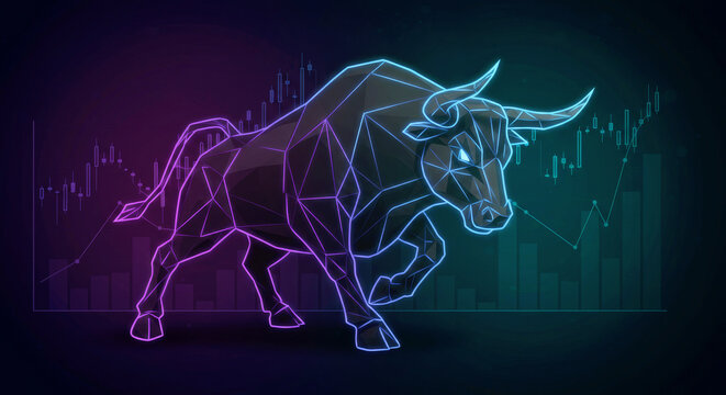 Running bull with glowing polygonal lines and stock market chart. Concept of financial growth, trading and bull market trend for investment.