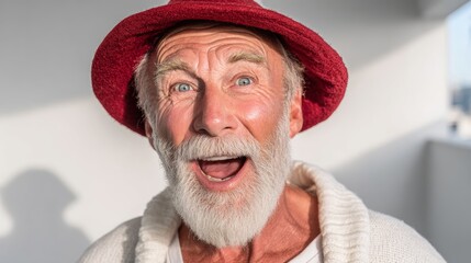 Man with a red hat and white shirt is smiling and looking at the camera. He is happy and enjoying himself