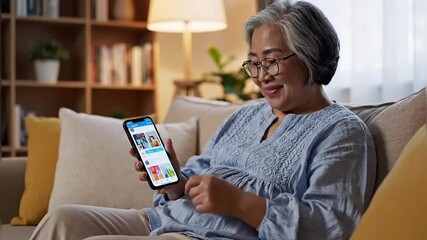Senior Asian woman using a smartphone relaxing on the sofa at home browsing social media