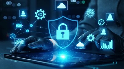 Hacker man hands using laptop - Padlock, secure connection and technology concept - Model by AI generative
 - Powered by Adobe