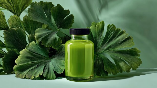 Glass bottle filled with a green liquid is placed on top of a leafy green plant. The plant is vibrant and healthy, with its leaves reaching out in all directions