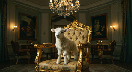 White baby lamb standing on a luxurious gold and beige armchair in a richly decorated opulent room. Symbol of innocence and wealth. Unique pet concept.