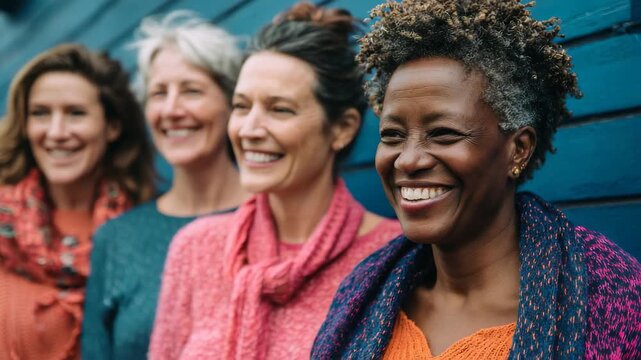 Happy senior women having fun together - Multiracial friends laughing outdoor - International culture, feminism and elderly people concept - Models by AI generative